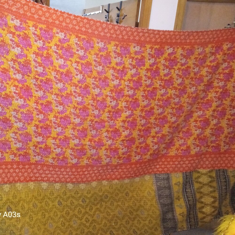 Kantha Quilt Blue Yellow Burnt Orange 54" x 83" Premium 3 Layer Cotton K141. - Picture 4 of 6